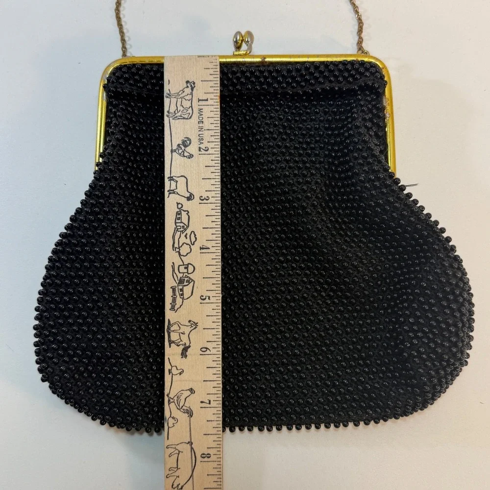 Beaded Evening Bag Small Black Vintage Kiss Lock Frame Purse Retro Glam Coquette